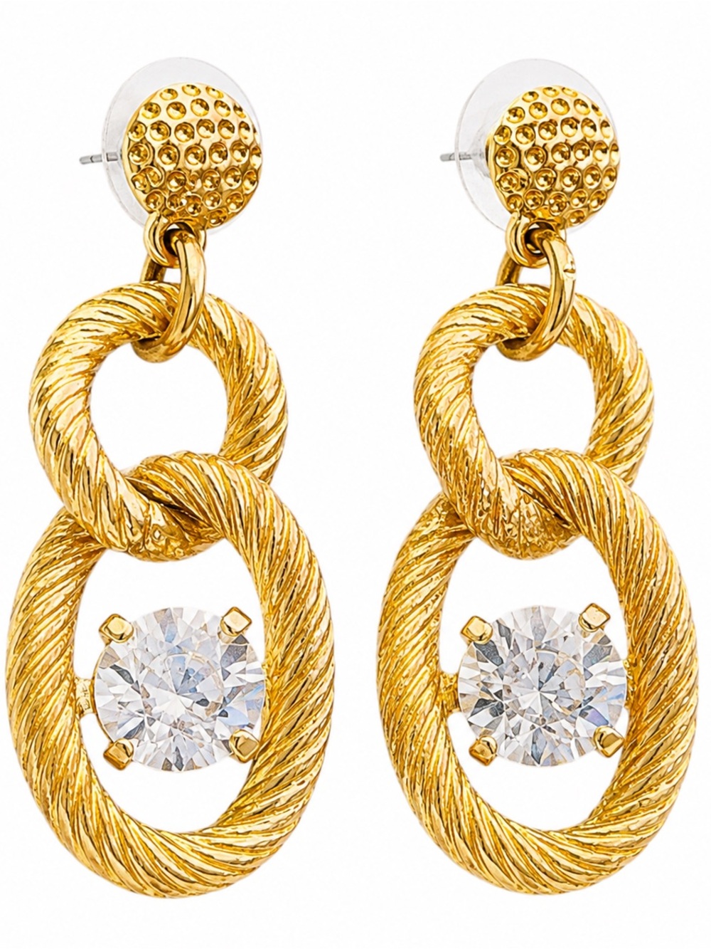 Vintage Twisted Rope Drop Pierced Earrings with a large clear crystal